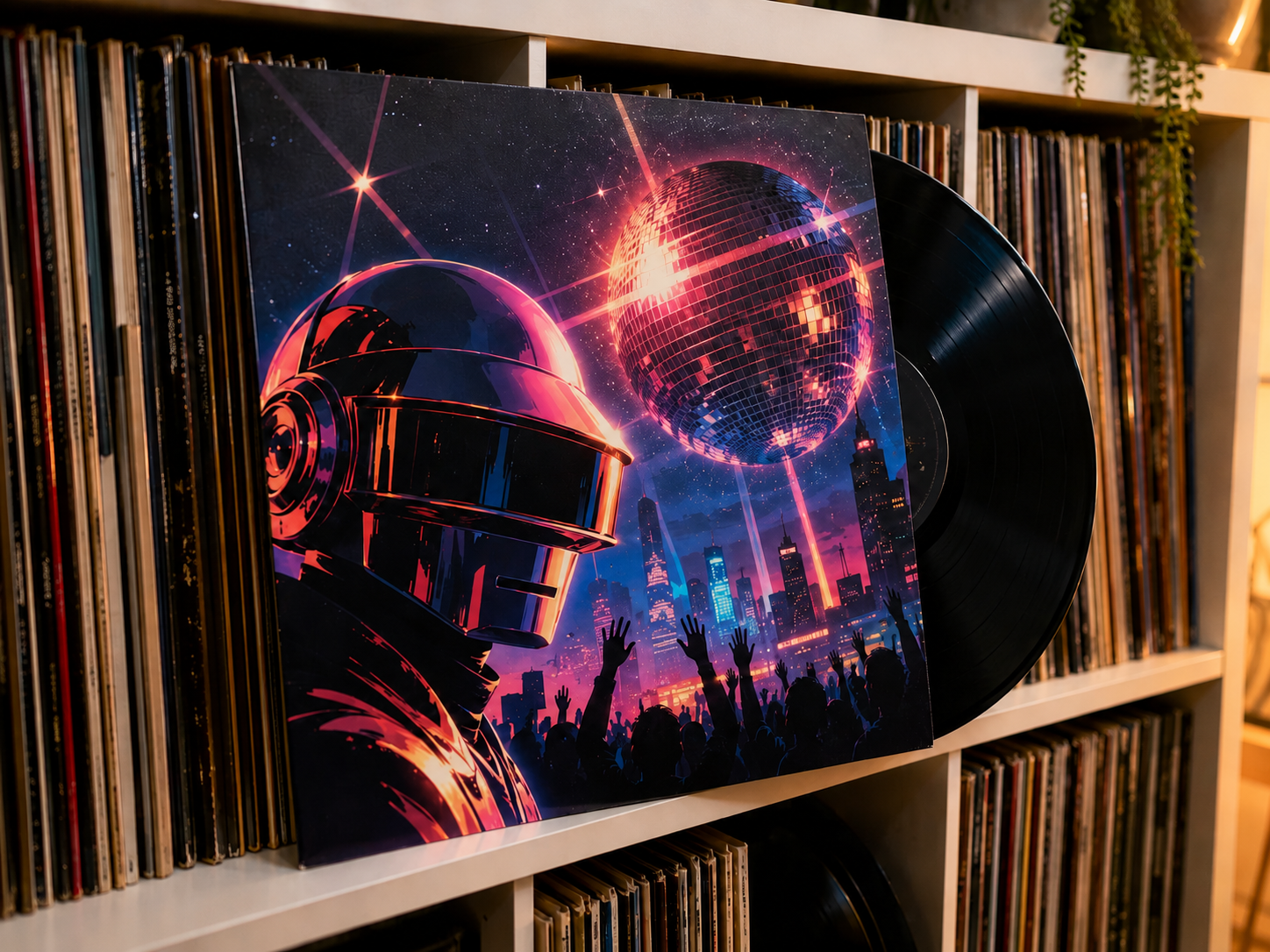 Daft Punk Vinyl Cover mit Discokugel im Plattenregal