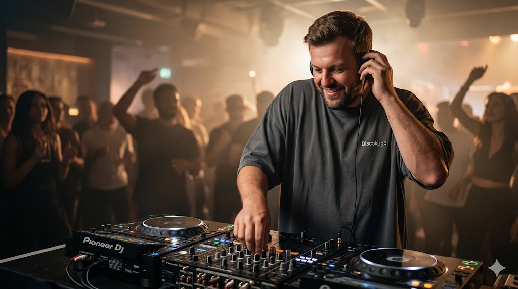 DJ Discokugel hinter den Decks im Club